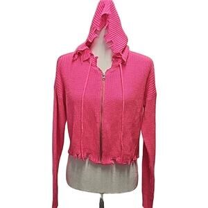 Trendy Threads Hot Pink Distressed Full Zip Cropped Sweater Hoodie Womans Size M
